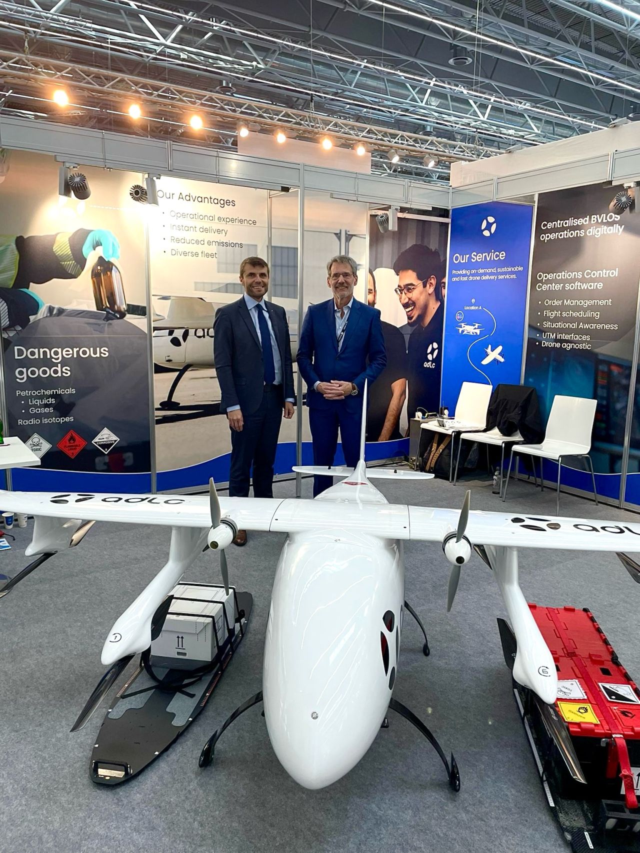 **Executive Director of EASA - European Union Aviation Safety Agency**, Florian Guillermet, passed by our boot at XPONENTIAL Europe in Dusseldorf where we had the opportunity to discuss about how ADLC contributed to the Advanced/Innovative Air Mobility roadmap !

**Federal Minister of Mobility, Climate & Ecological Transition**, Jean-Luc Crucke and the Minister’s Deputy Chief of Staff, Yenthe Peeters visited SGS where ADLC showcased its drone-based sampling technologies solutions that help companies advance their competitiveness in responsible business by reducing road transport as well as a sustainable solution with reduced carbon footprint.

ADLC had the pleasure of welcoming a delegation from the **Maritime and Port Authority of Singapore (MPA)** and the **Civil Aviation Authority of Singapore**, who visited our Operations Control Center in Antwerp. ADLC and the Singaporean delegation discussed operations, synergies, and similarities between the Port of Antwerp-Bruges and the Port of Singapore.

Theo F., **Minister of Defence**, passed at The Beacon’s Booth during the CyberNova event : ADLC explained how its drone delivery network across the Port of Antwerp-Bruges can be utilized for dual-use purposes (civil and military) in the context of medical resilience. Our technology demonstrates how innovation can simultaneously enhance defence capabilities, and economic development.